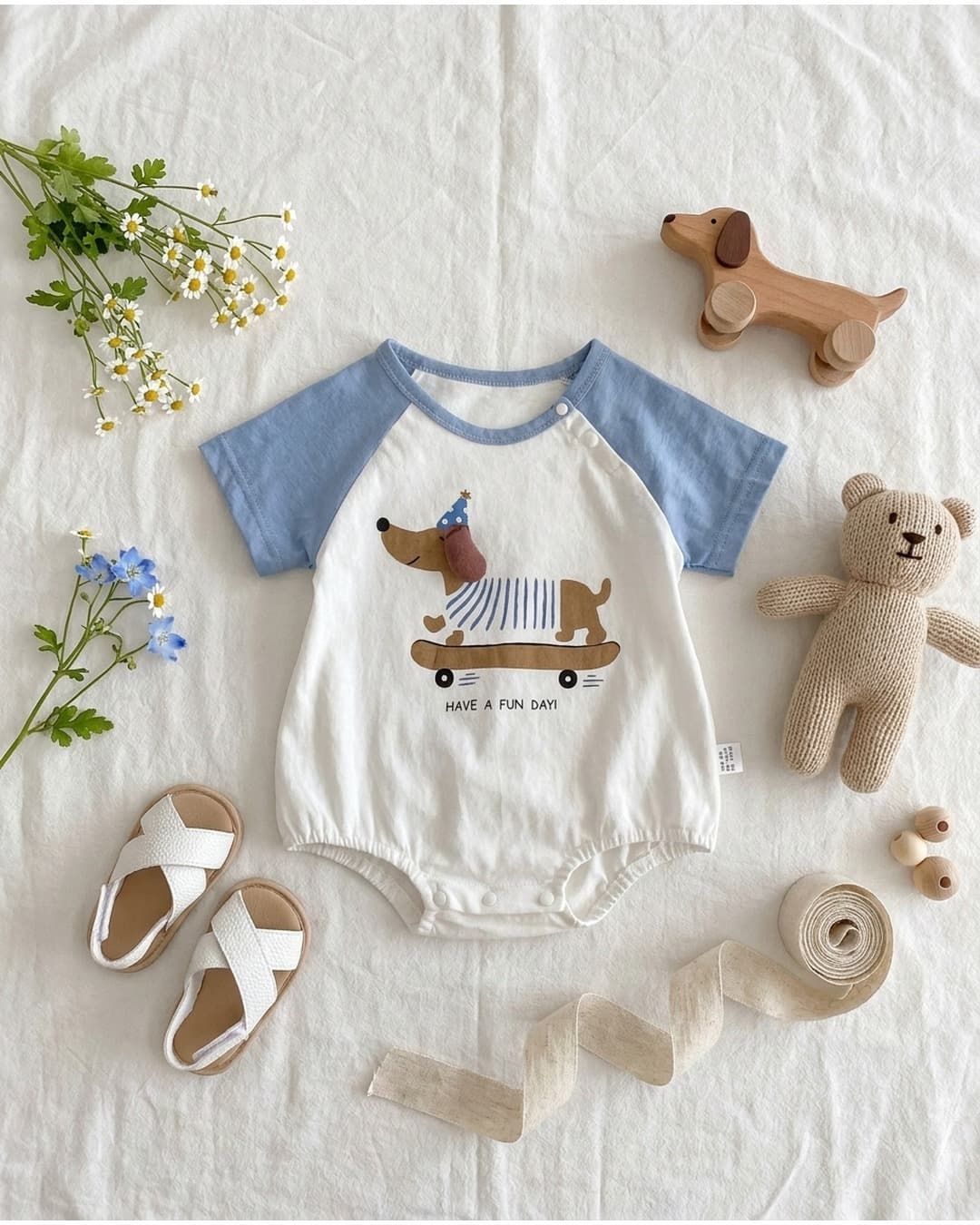 ```
🐶 お出かけが楽しくなるオシャレなドッグロンパース ☀️

スケボーに乗ったワンちゃんのイ